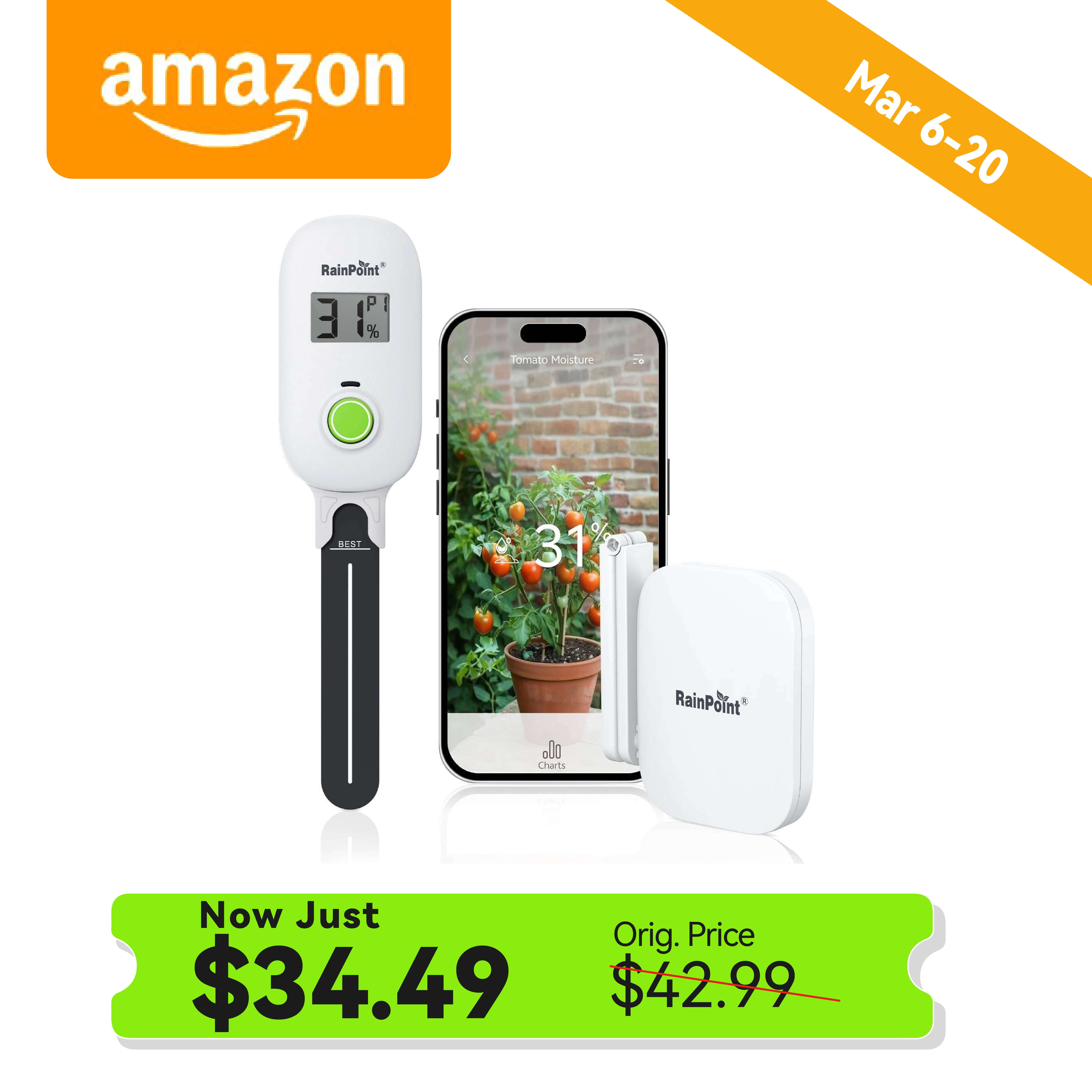 Thermometer mit Smartphone-Anzeige und Aktionspreisen.