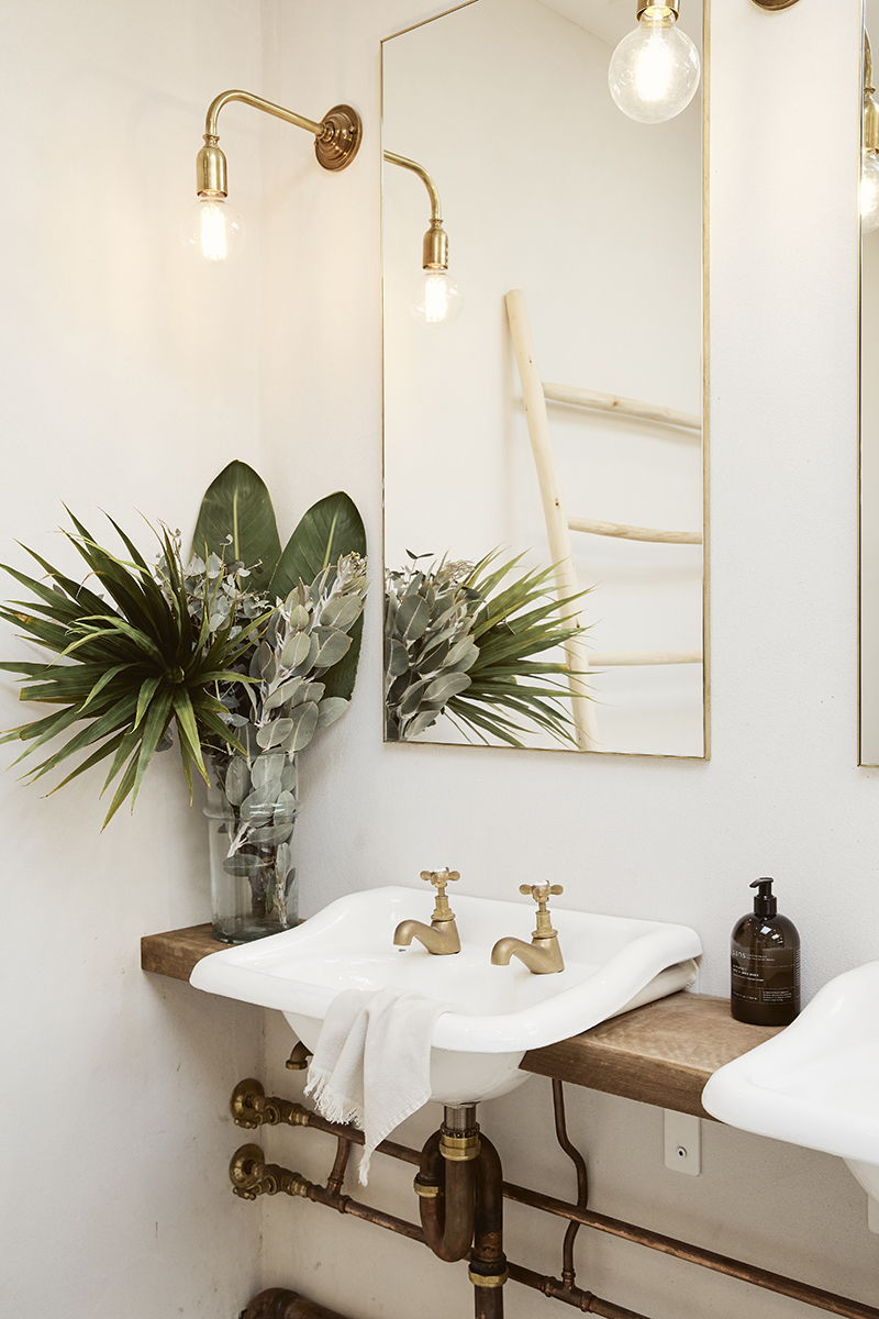 A stylish bathroom with two sinks, mirrors, and greenery.