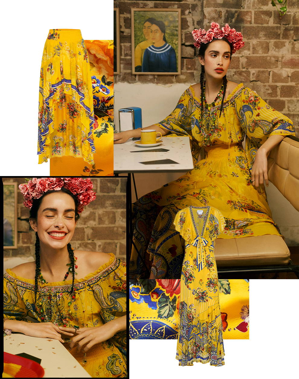 Model in yellow dress with bright florals and paisleys