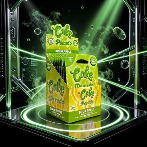 Two boxes of cake products on a futuristic background with green lights.
