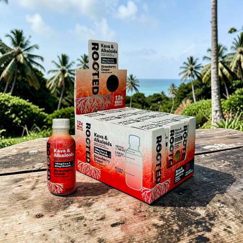 A bottle and box of Rooted products against a tropical background.