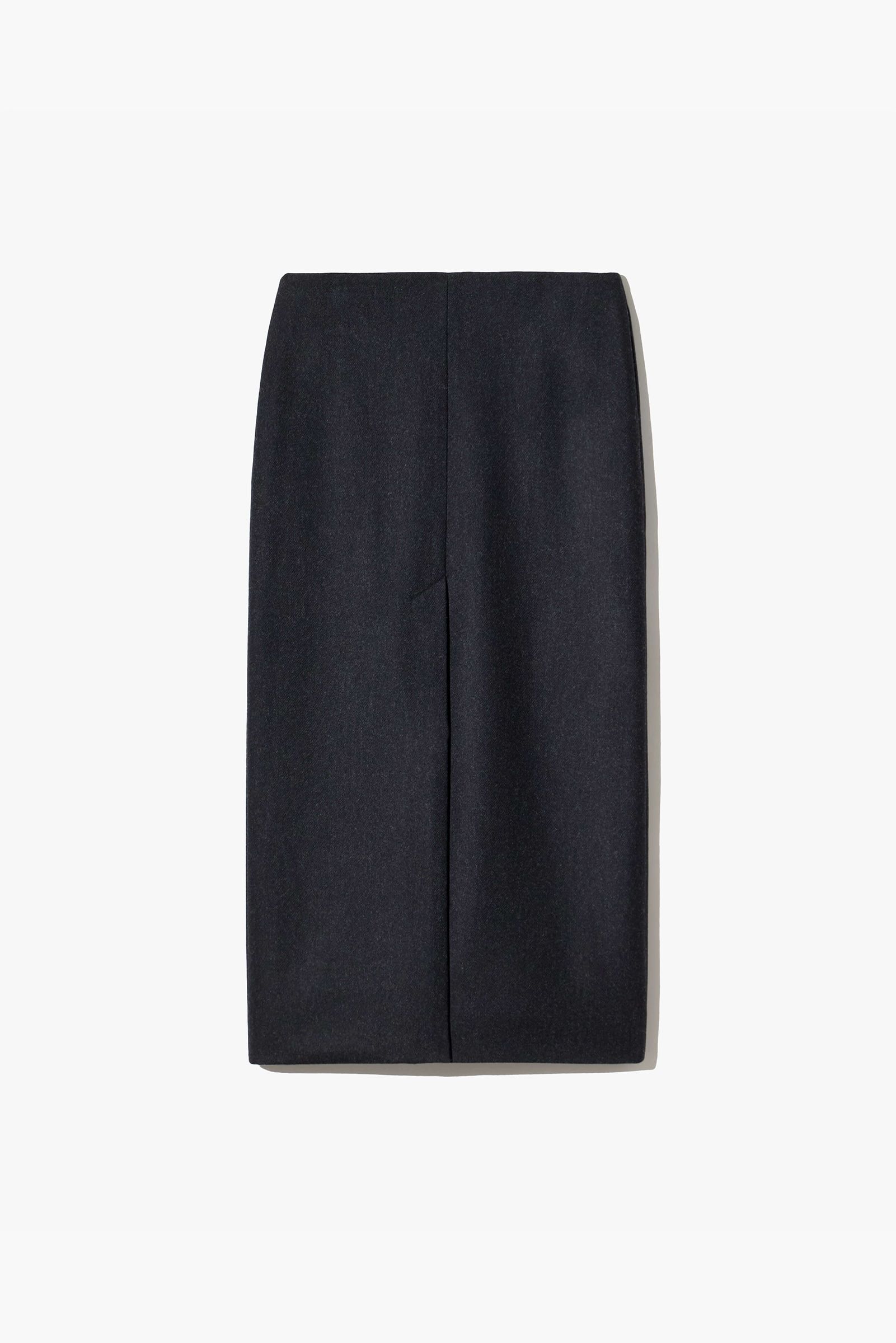 A black, knee-length skirt with a straight cut and no visible embellishments.