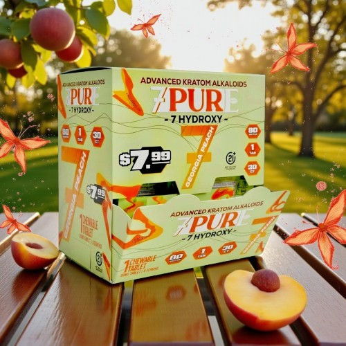 Box of PUR 7 Hydroxy supplement with peaches in a natural setting.