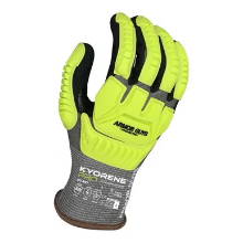 A high-visibility work glove with textured grip and reinforced fingers.