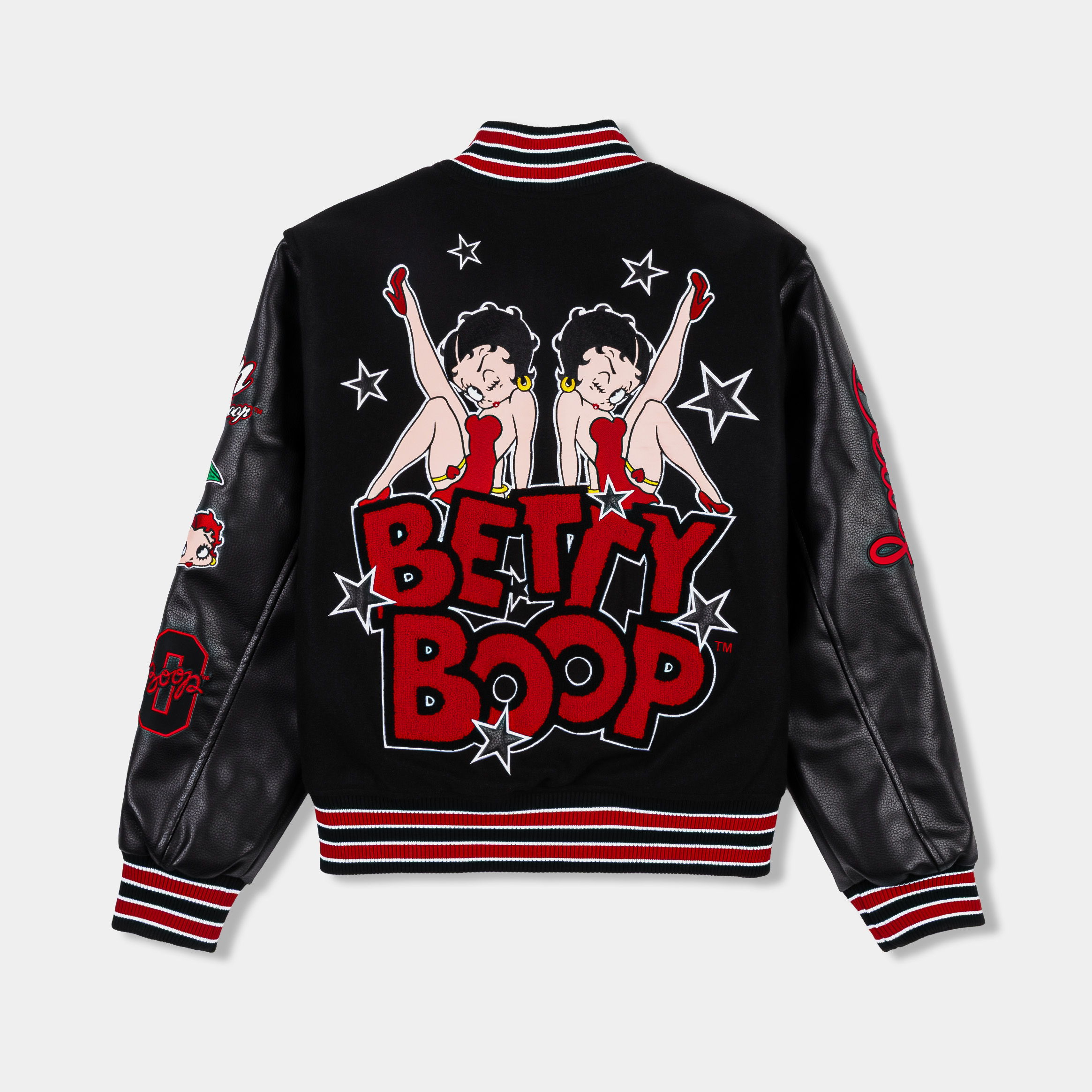 Black varsity jacket with red accents and graphic designs.