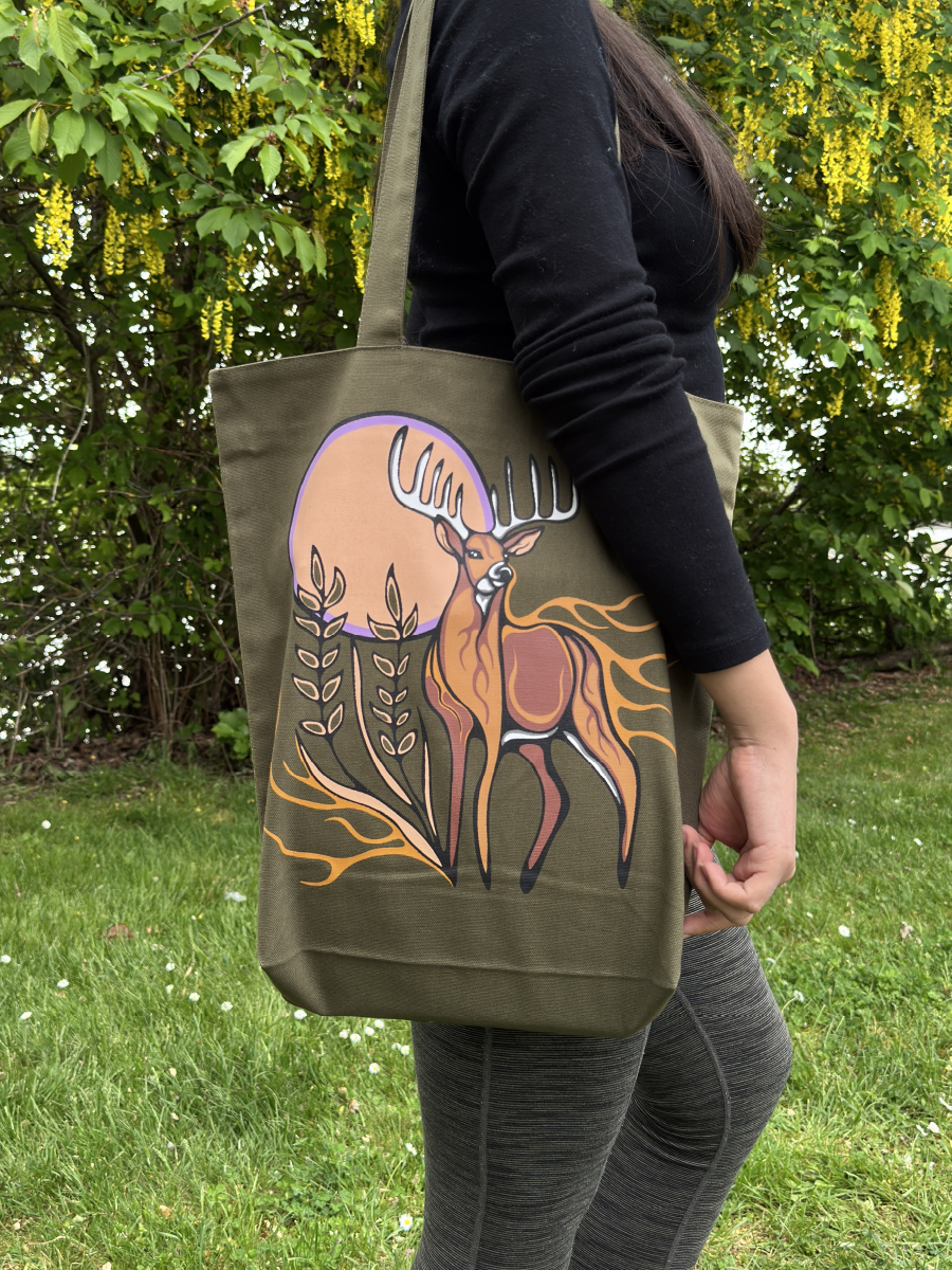 Deer (Waawaashkeshi) Canvas Tote by Storm Angeconeb, Lac Seul First Nation, Ojibwe