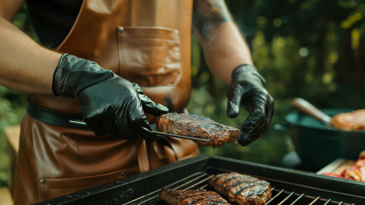 Person in an apron grilling meat with gloves outdoors.