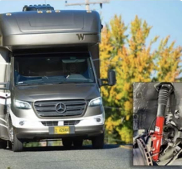 Recreational vehicle on a road with a tool inset.
