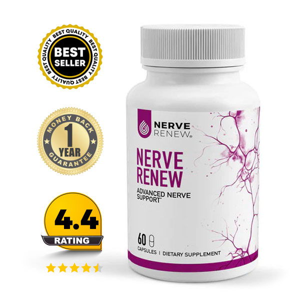 Bottle of Nerve Renew nerve support supplement with ratings and awards.