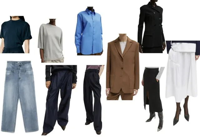 Collection of various clothing items including tops, pants, and dresses.
