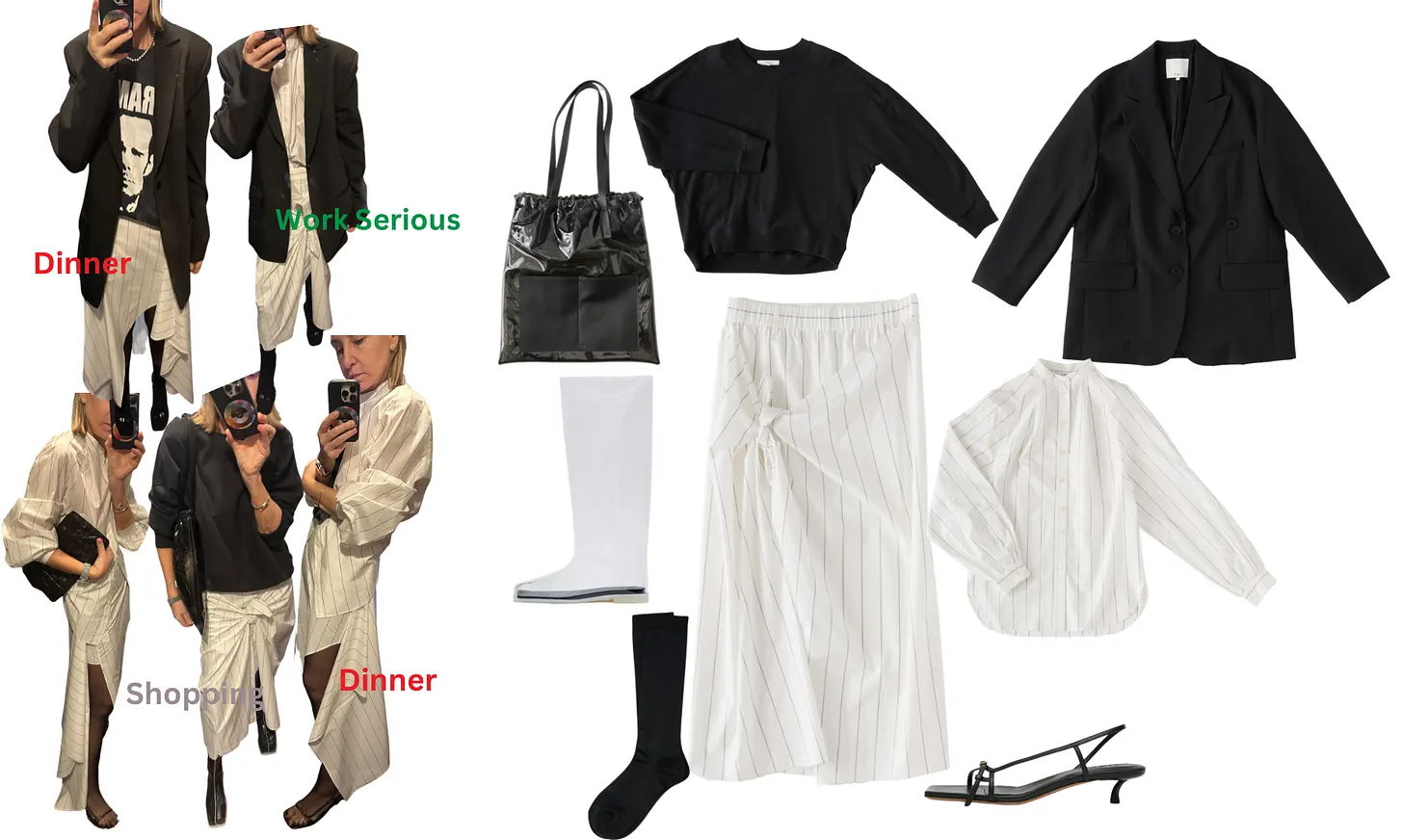 Fashion outfit collage featuring various clothing items and accessories.
