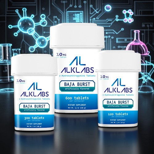 Three containers of ALKLABS Baja Burst tablets on a scientific background.