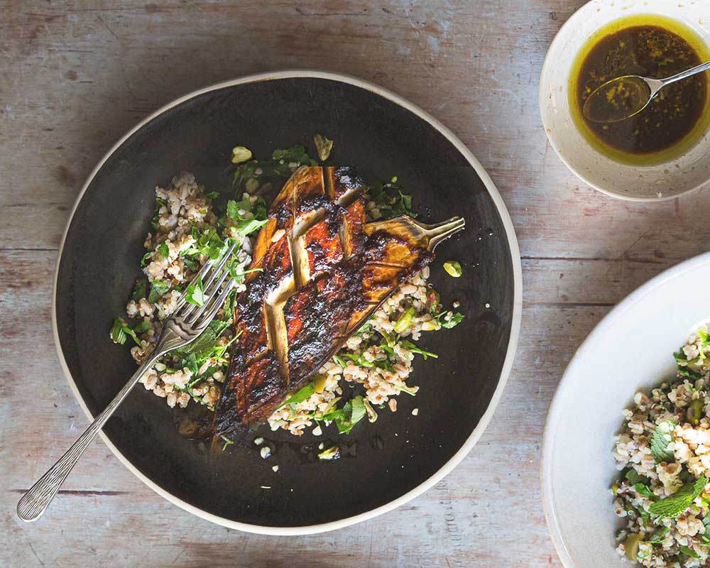 Harissa Roast Aubergine with Herbs & Grain Salad