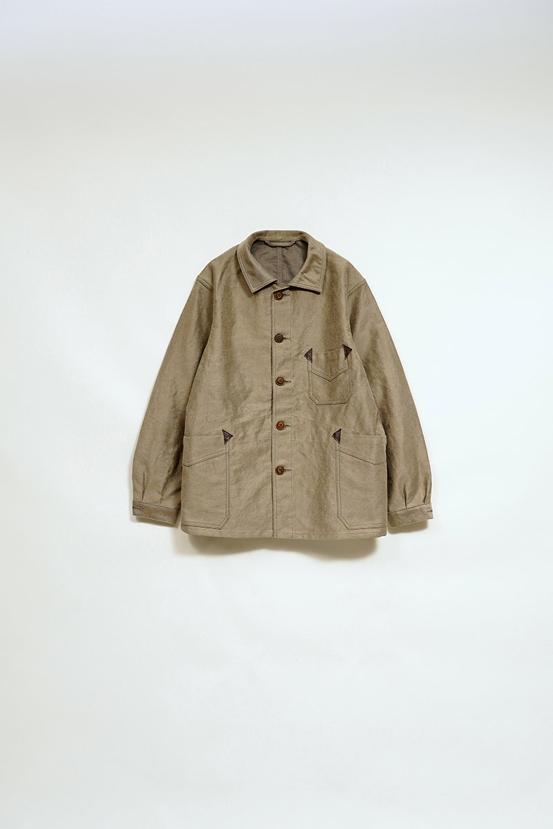 A tan, button-up jacket displayed against a plain background.