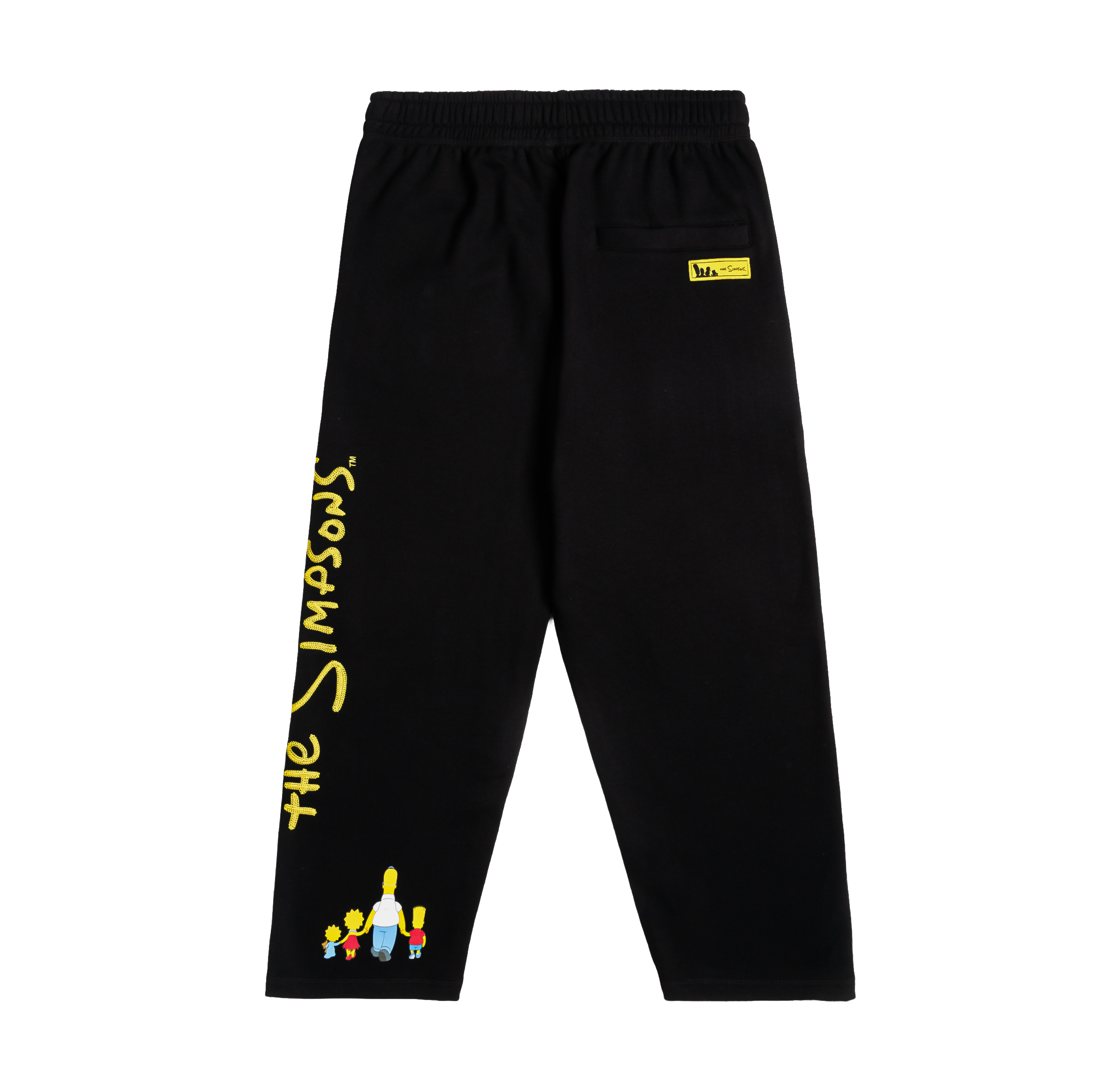 Black sweatpants with colorful cartoon character designs on the sides.