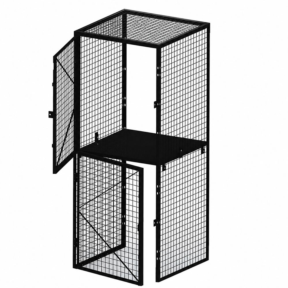 Black wire mesh storage cage with open doors.
