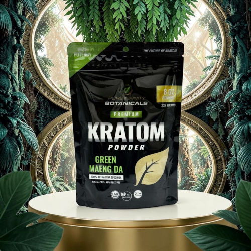 Kratom powder packaging on a pedestal with a tropical background.