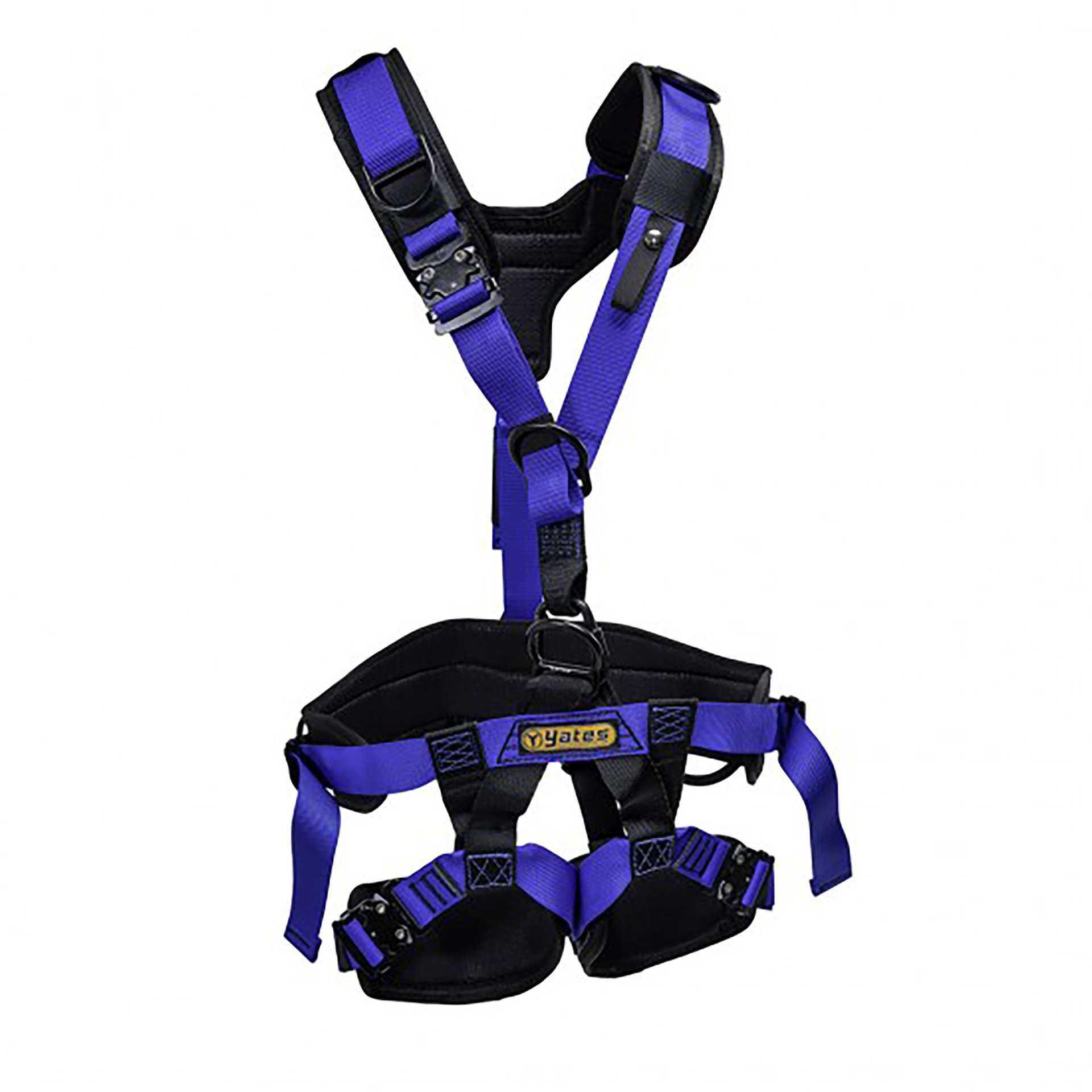 A blue and black safety harness for climbing or construction use.