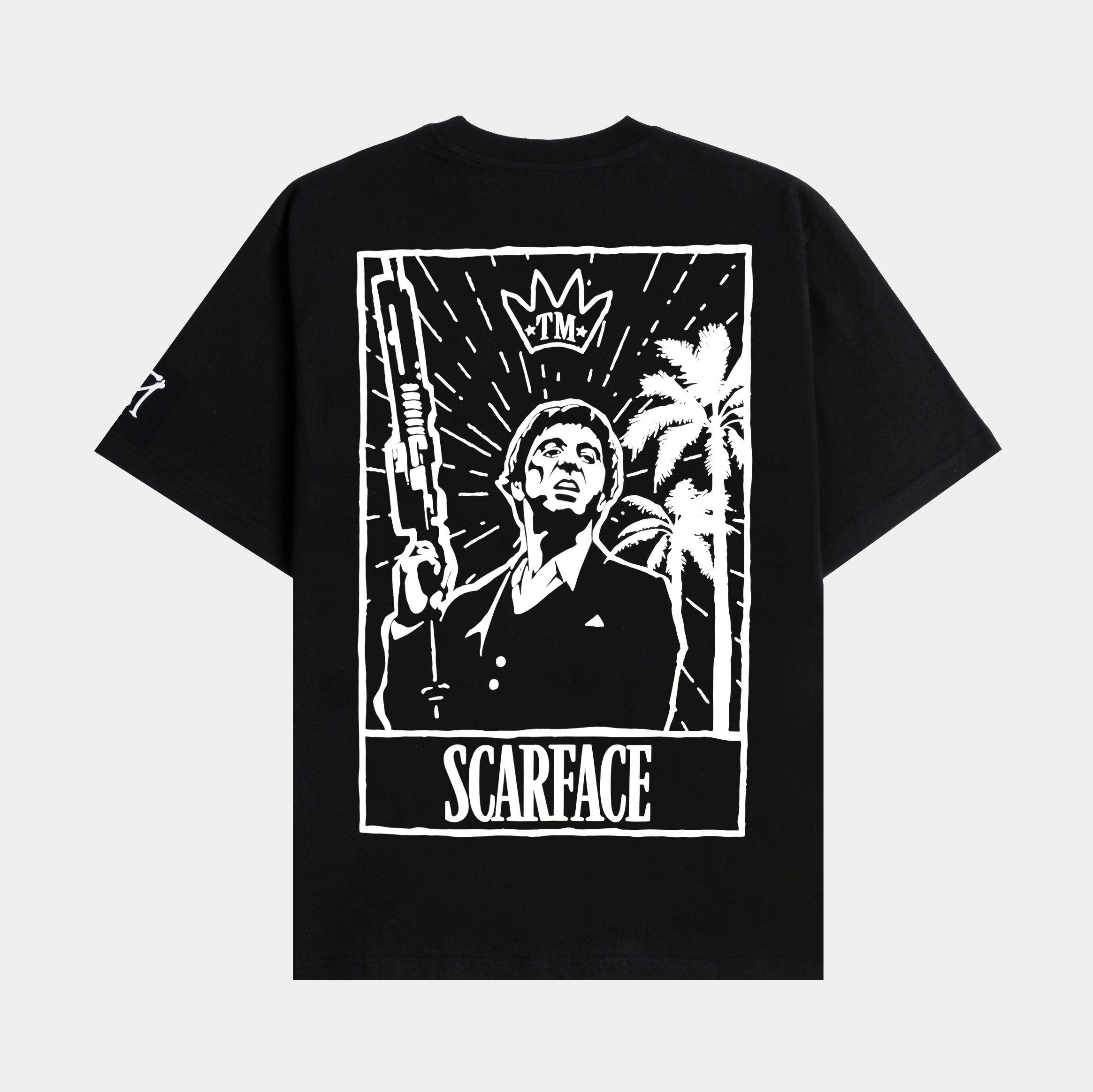 Black t-shirt with white graphic text design on the front.