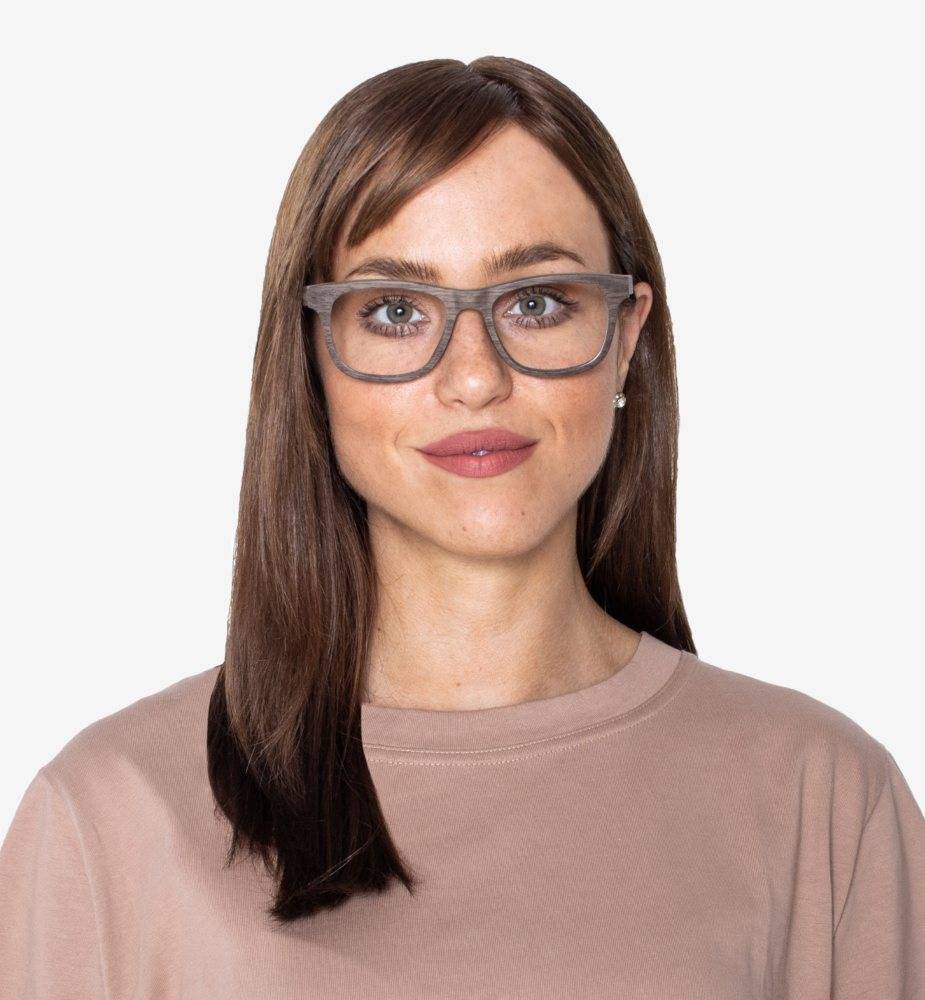 Woman with big nose wearing Brave Brown, Square Eyeglasses made from Walnut Wood