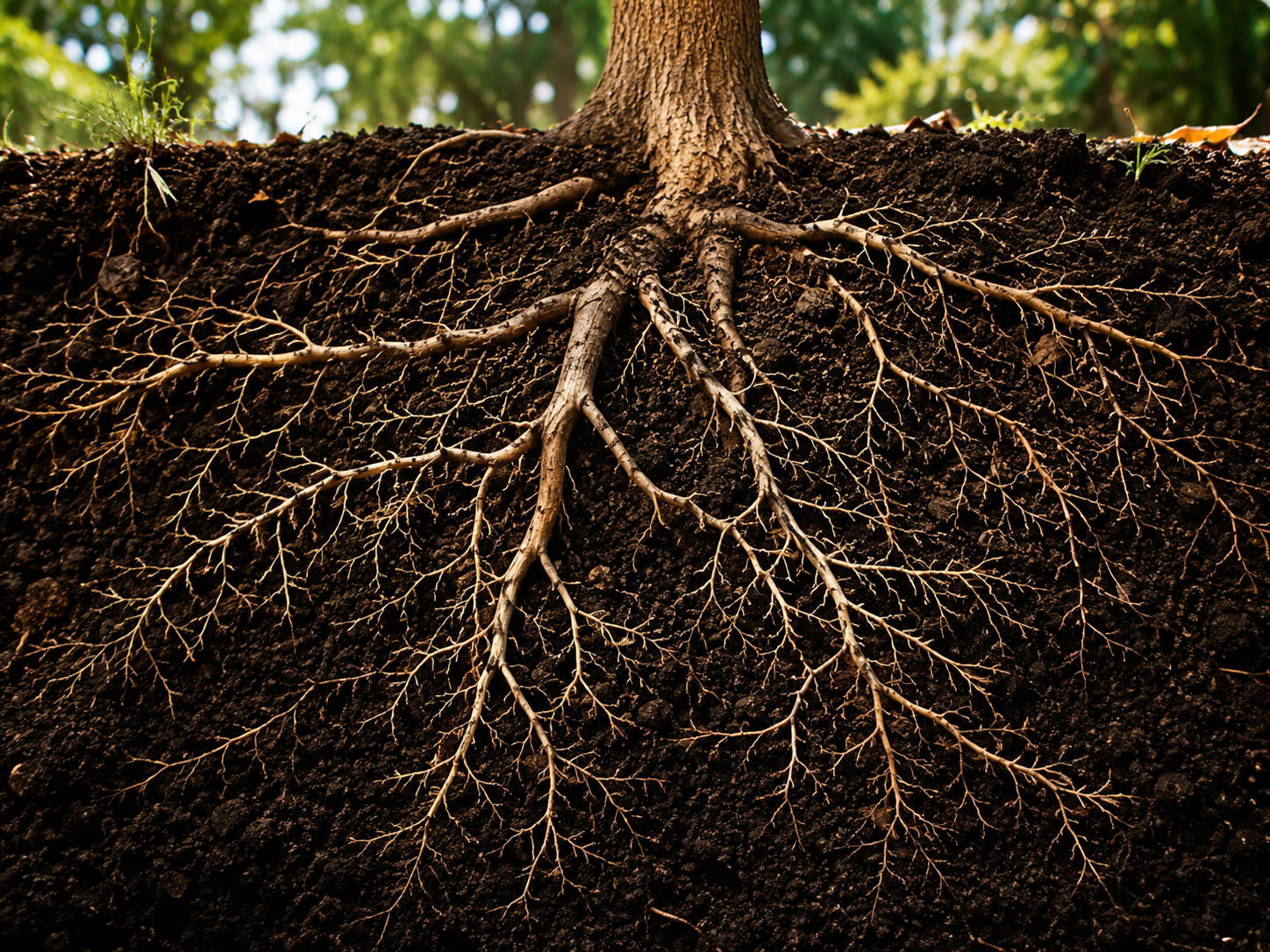 Tree roots extending underground, showcasing intricate root structure and soil.