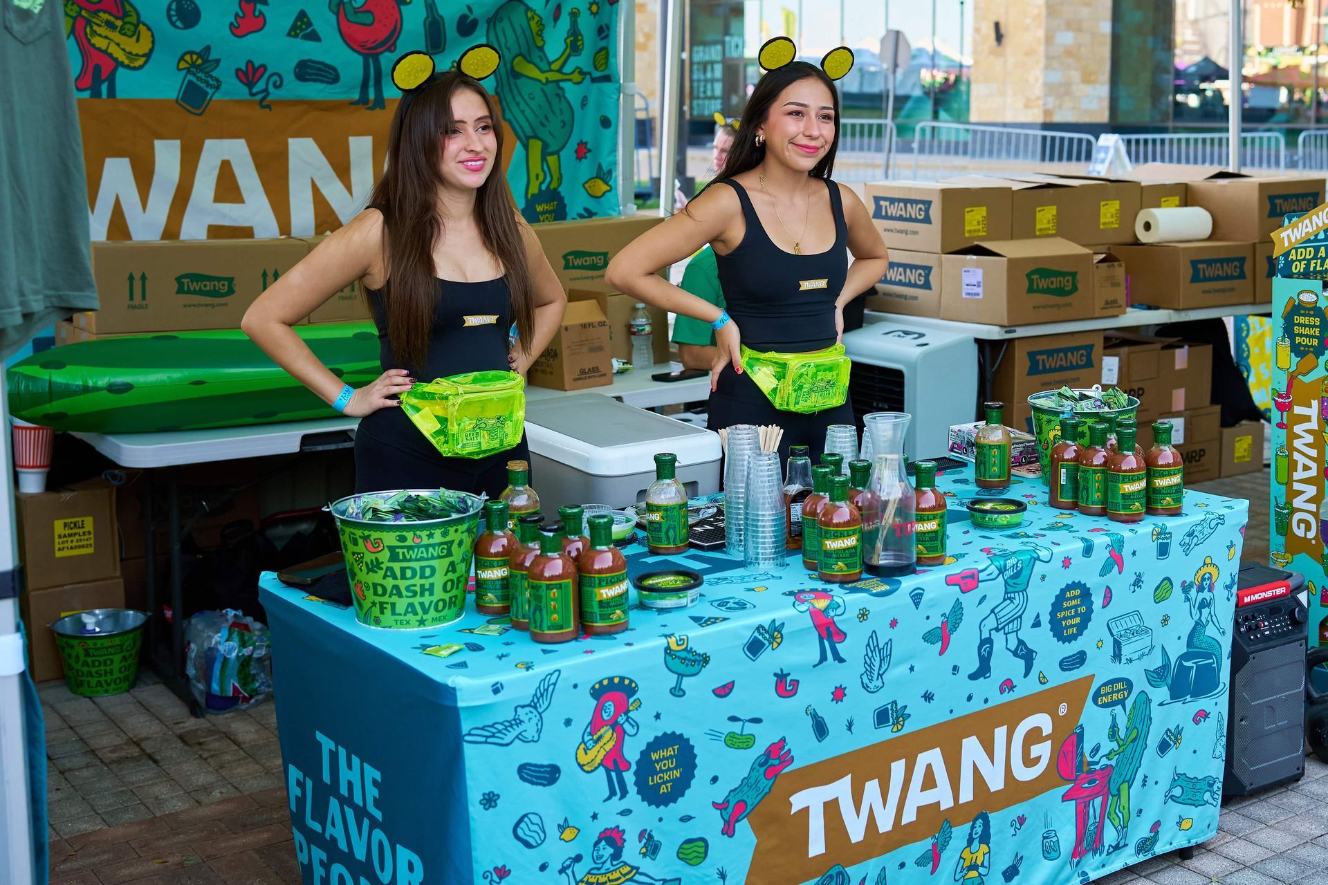Twang Pickle Michelada Mixer activation with Big Dill Energy branded tablecloth at The Big Dill in Arlington Texas