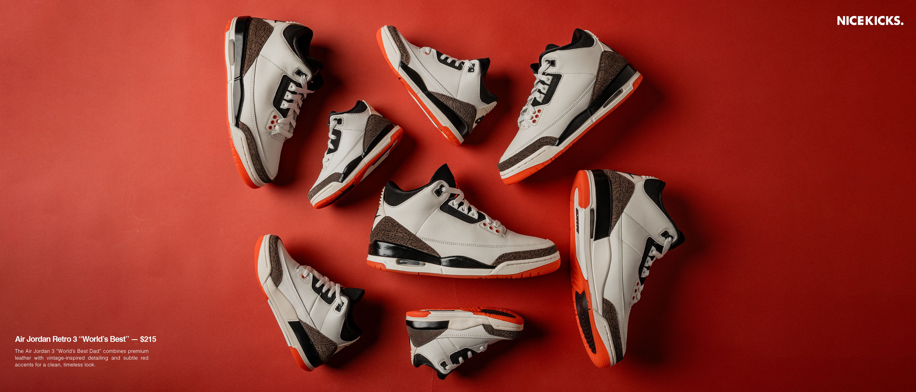 A collection of sneakers arranged on a red background.