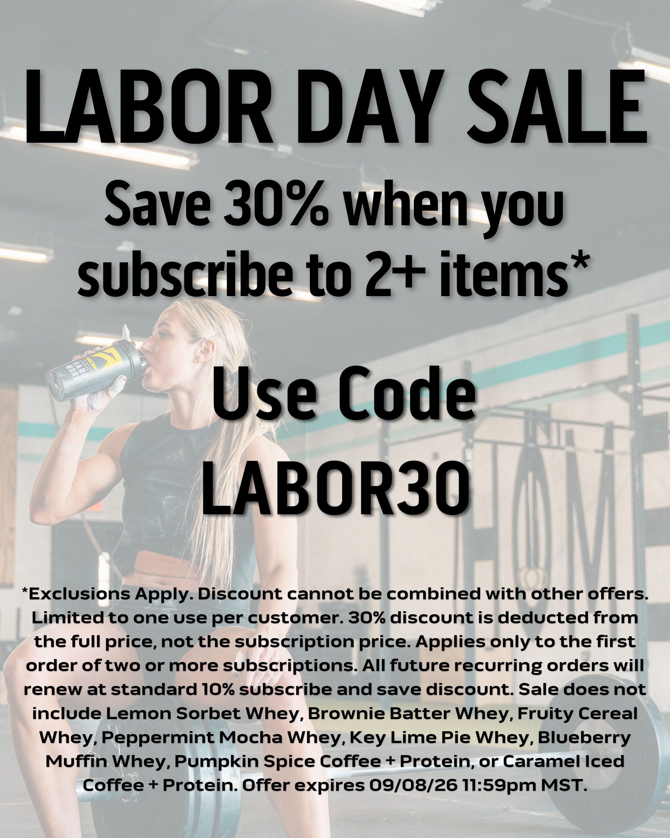 promotional text overlaying an image of a woman drinking from an Ascent shaker bottle in a gym environment.