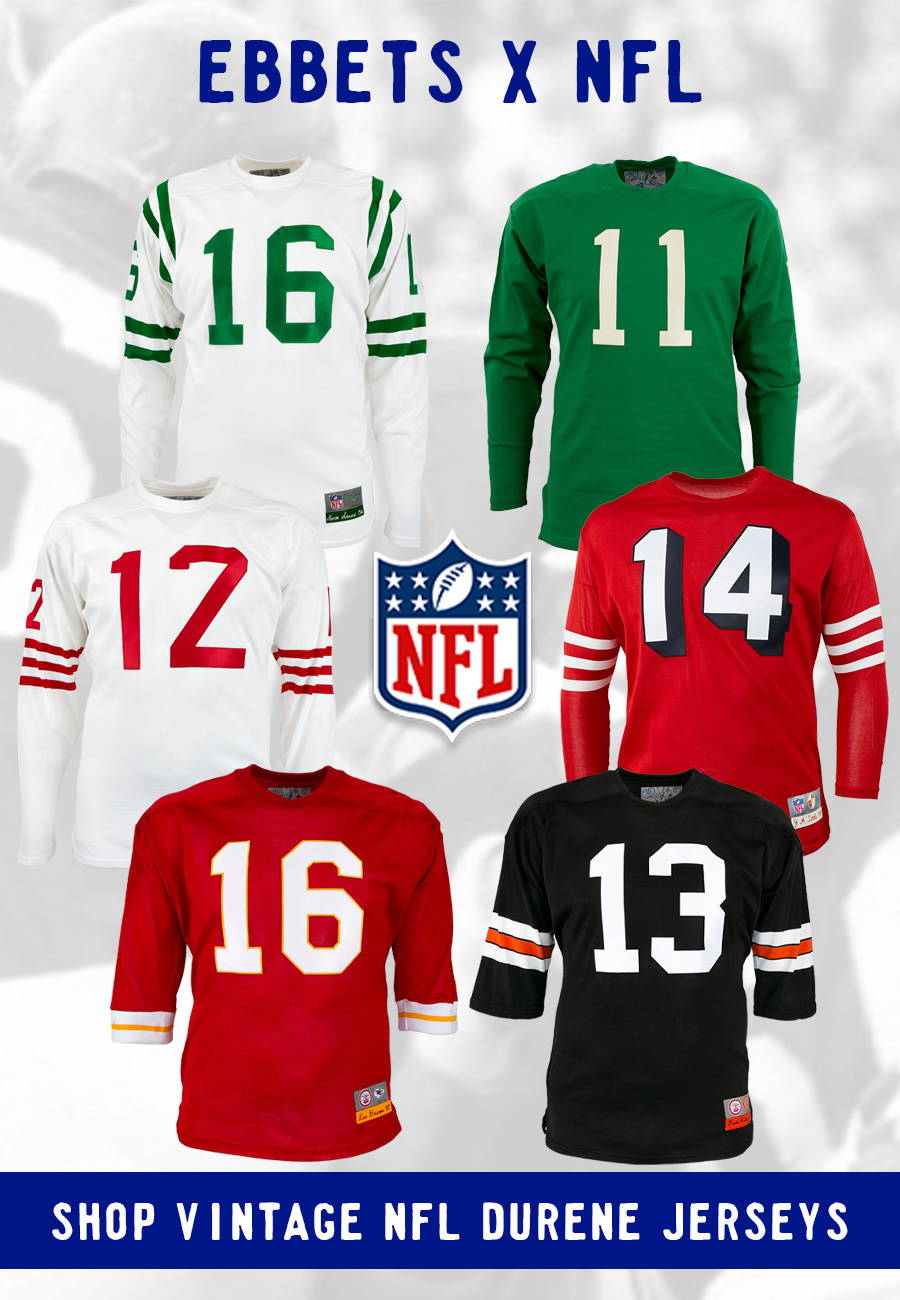 Ebbets x NFL. Shop Vintage NFL Durene Jerseys. [Philadelphia Eagles] [San Francisco 49ers] [Kansas City Chiefs] [Cincinnati Bengals] [Football]