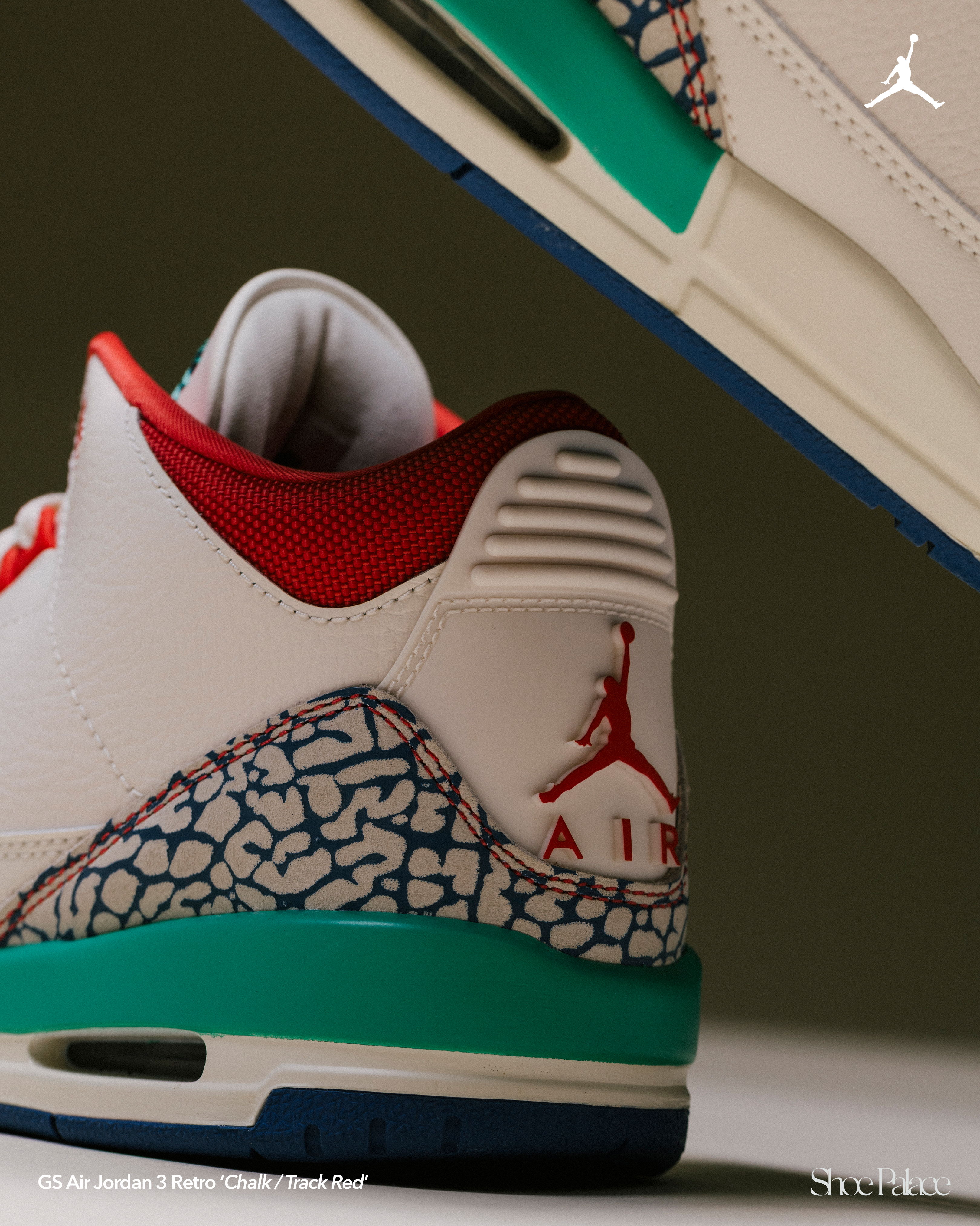 A close-up of Air Jordan sneakers showcasing unique color and design elements.