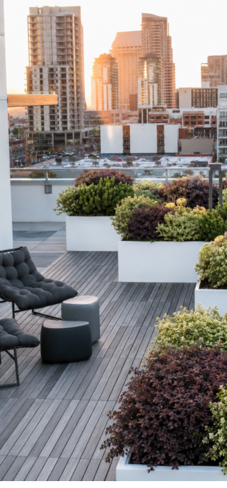 Rooftop terrace with plants, seating, and city skyline at sunset.