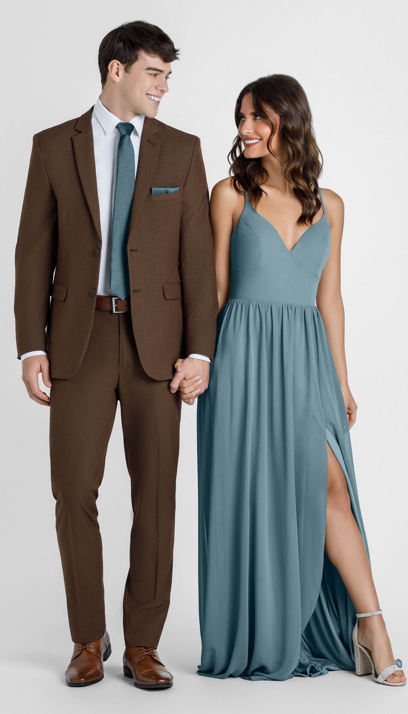 Cocoa Suit with Slate Blue Dress