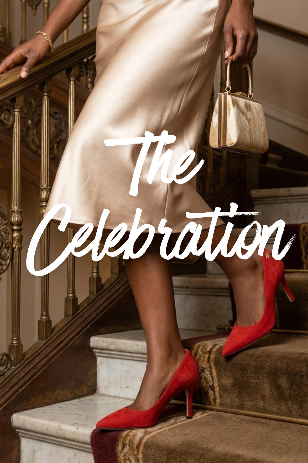 A person in red heels ascending stairs, with the text 