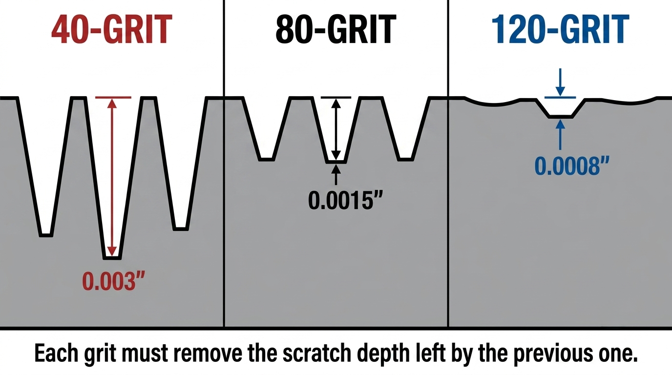 Three-panel cross-section diagram showing metal scratch depths: 0.003 inches at 40-grit, 0.0015 inches at 80-grit, 0.0008 inches at 120-grit