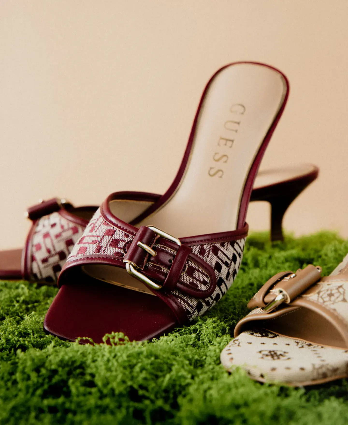 Two stylish shoes on a bed of green moss.