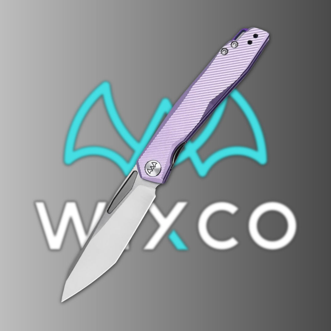 A folding knife with a purple handle against a gray background.