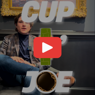 Person sitting with a video play button and text 