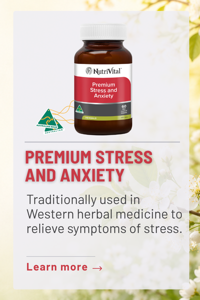 Bottle of Premium Stress and Anxiety supplement with herbal medicine description.