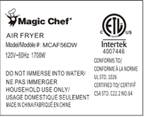 Rating Label on bottom of recalled Magic Chef Air Fryer Model MCAF56DW