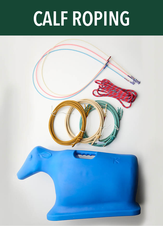 Calf roping equipment including ropes and a blue practice calf dummy.