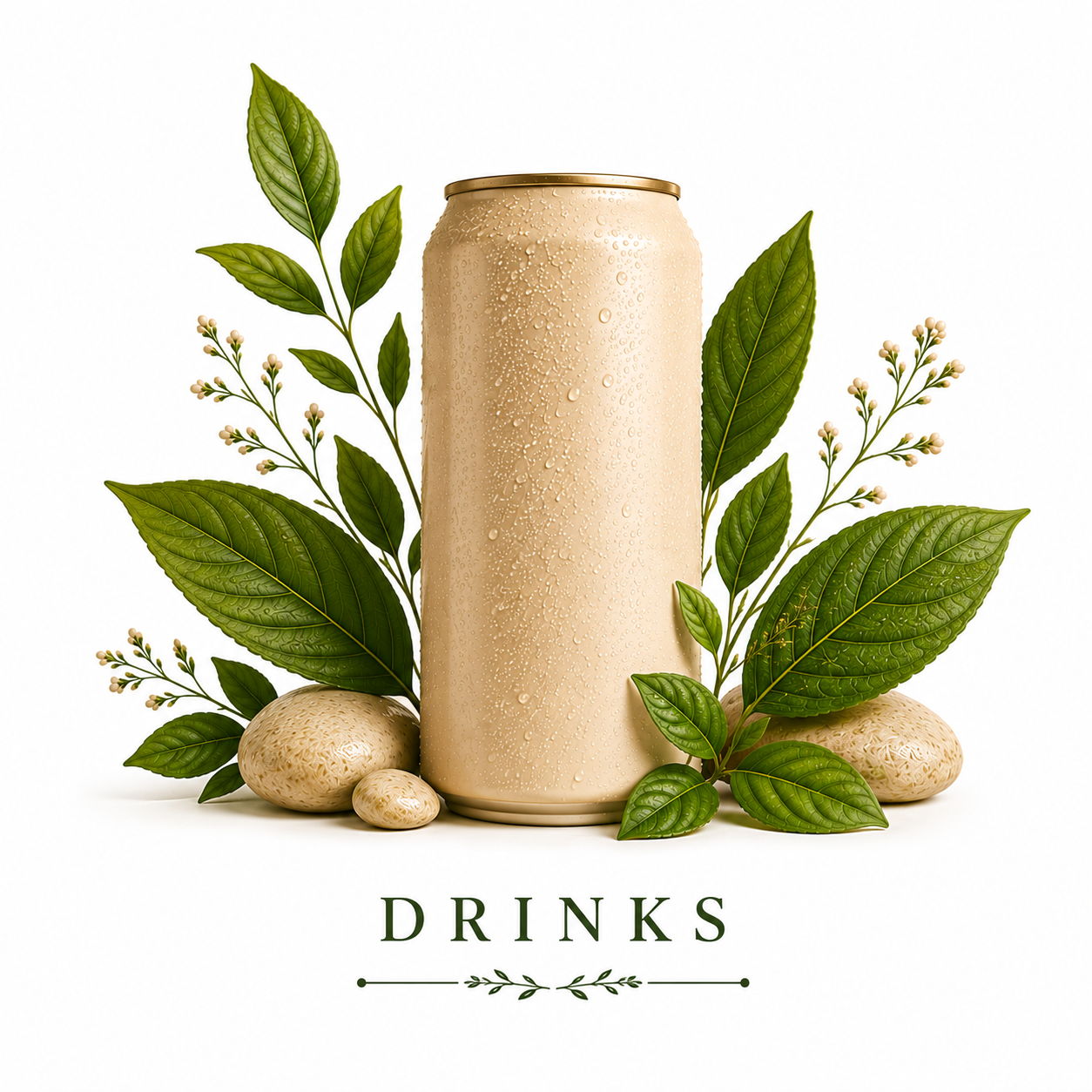 A can surrounded by leaves and stones, labeled 