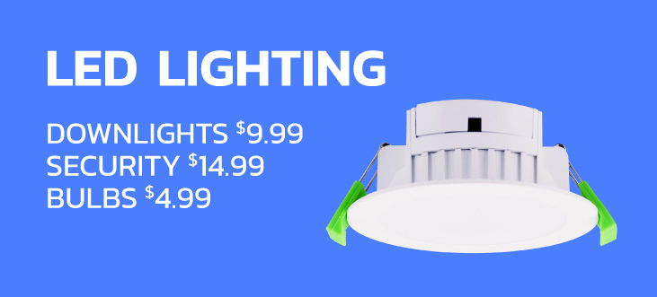 LED lighting products with prices for downlights, security, and bulbs.