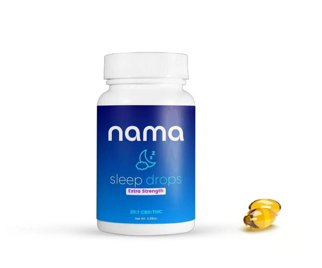 nama sleep drops with two soft gels on white background