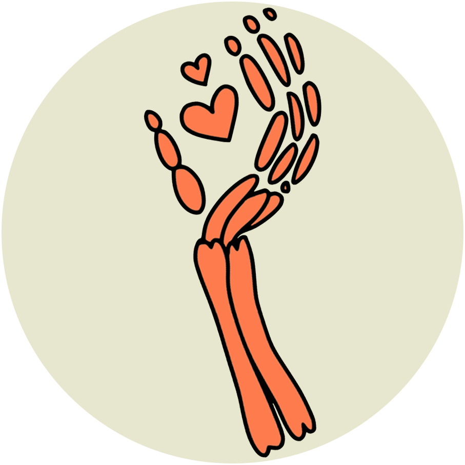 An orange skeleton hand with hearts coming from its palm.
