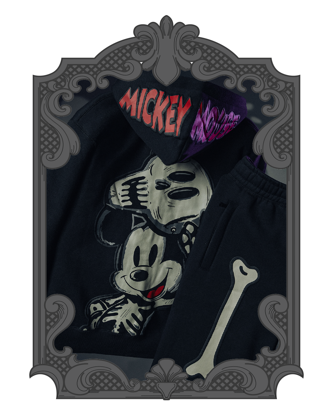 Mickey Mouse-themed hoodie and pants with skeleton graphic and bone detail.