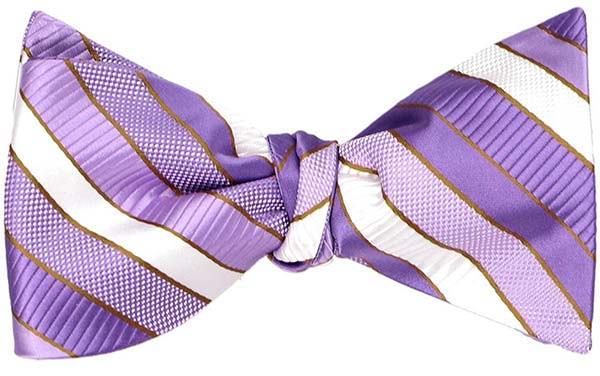 A purple striped self-tie bow tie, tied