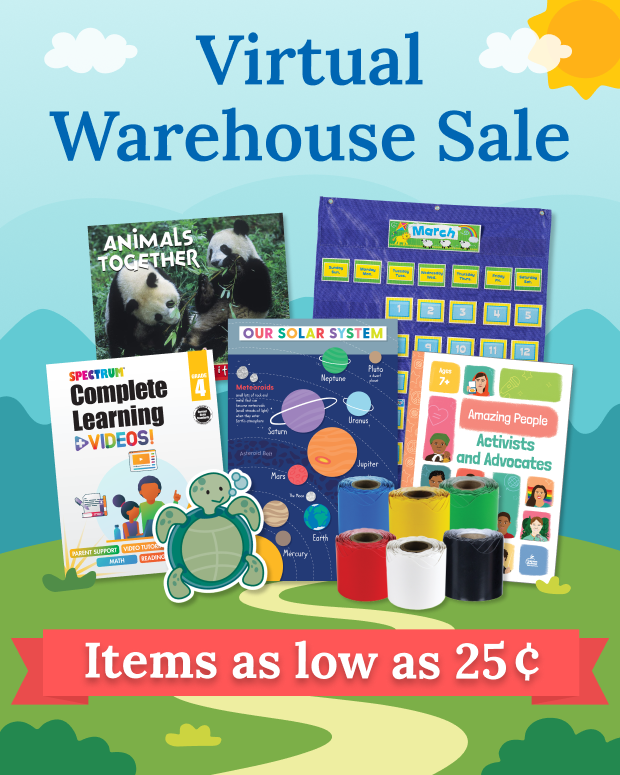 Virtual Warehouse Sale with educational items, prices starting at 25 cents.