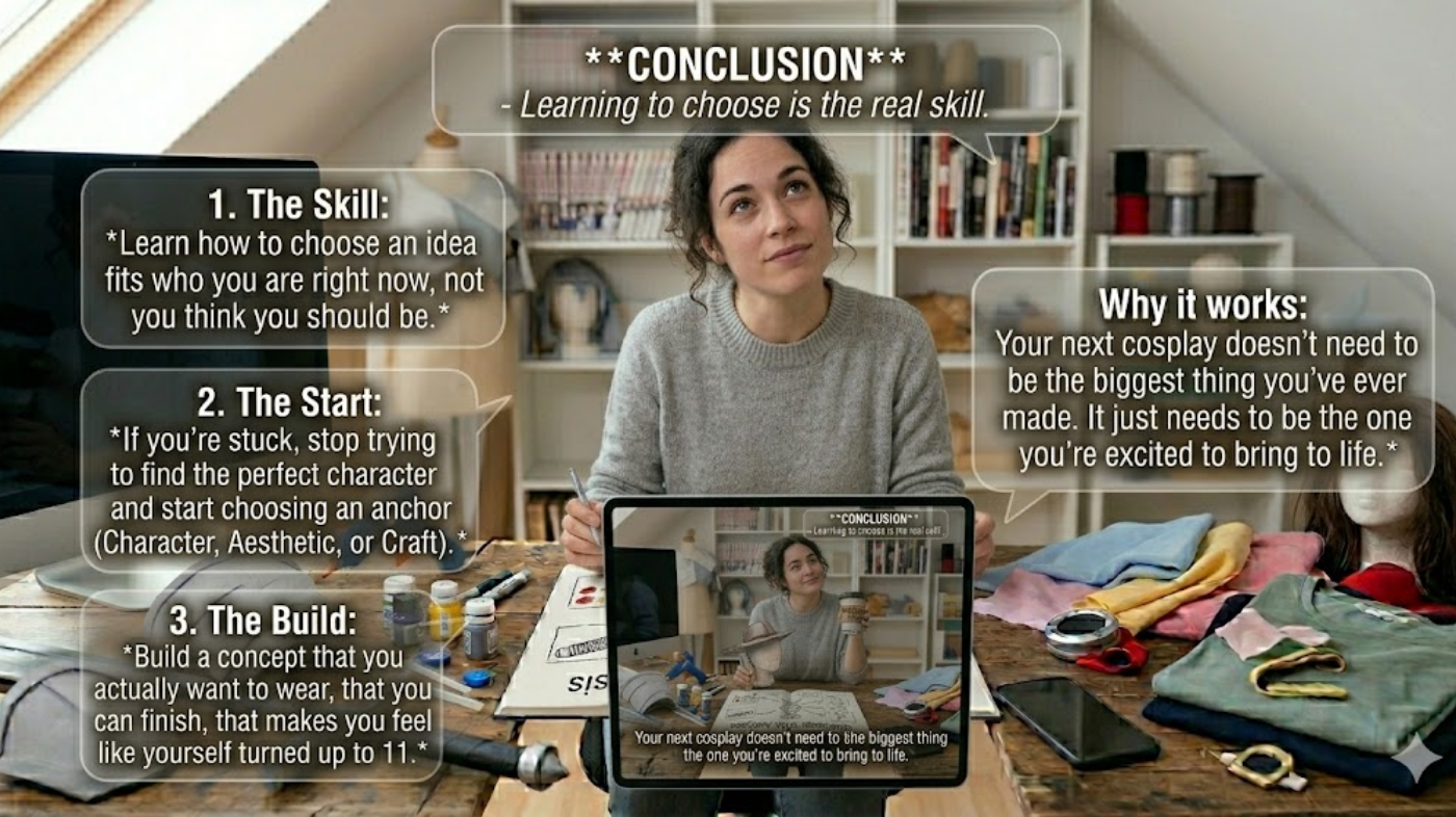 Person planning cosplay reviewing final ideas and bringing together all steps in the cosplay creation process