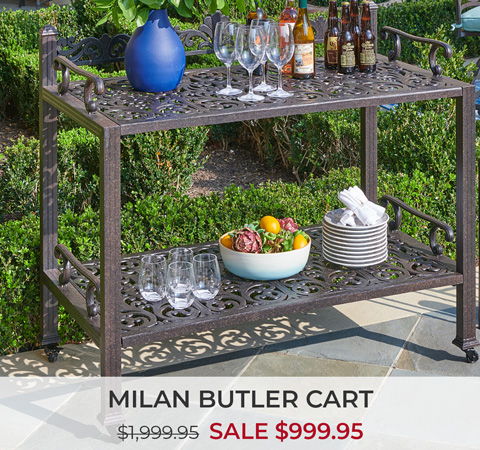 Milan Butler Cart with drinks, glasses, and a bowl of fruit. Sale price included.