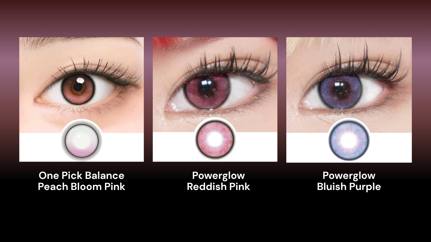 Yashiro Nene cosplay eye look featuring EyeCandys Powerglow reddish pink, bluish purple, and Balance Peach Bloom pink colored contacts